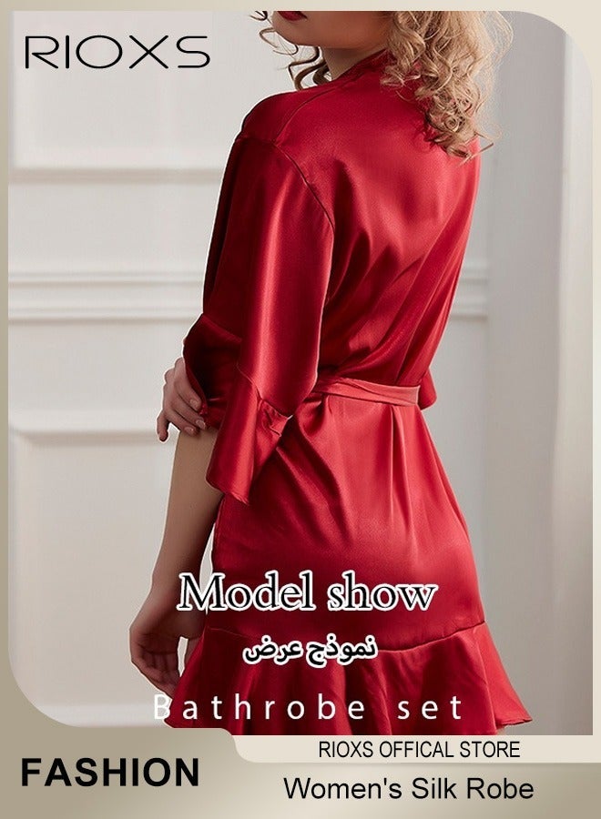 RIOXS Women's Silky Satin Short Robe with Adjustable Tie and 3/4 Sleeves, Skin-friendly Lightweight Kimono Bathrobe with Above-knee Length, Stylish Comfortable Sleepwear, Perfect for Wedding Day, Pajamas Party, Daily Life Wear and Spa - Image 3